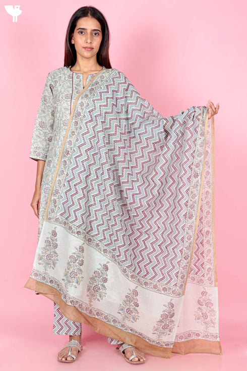 Chanderi Silk Kurta And Pant Set With Dupatta Block Print